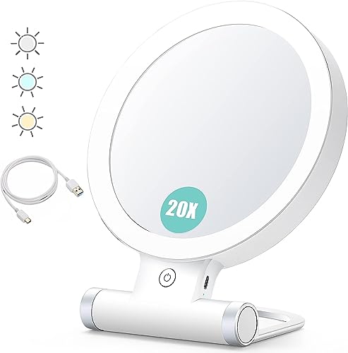 B Beauty Planet Magnifying Mirror with Light 20X/1X,Double Sided Tabletop Mirror with Adjustable Folding Handle,Cosmetic Mirror for Makeup/Travel, Tweezing, and Blackhead/Blemish Removal.