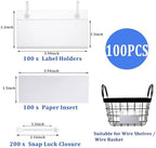 Acrux7 100 PCS Plastic Wire Shelf Label Holders 4" x 2.2" Basket Label Clips with Double Snap Lock Closure, Clear Wire Rack Label Holder Price Tag Holder for Market, Retail Shop, Pantry
