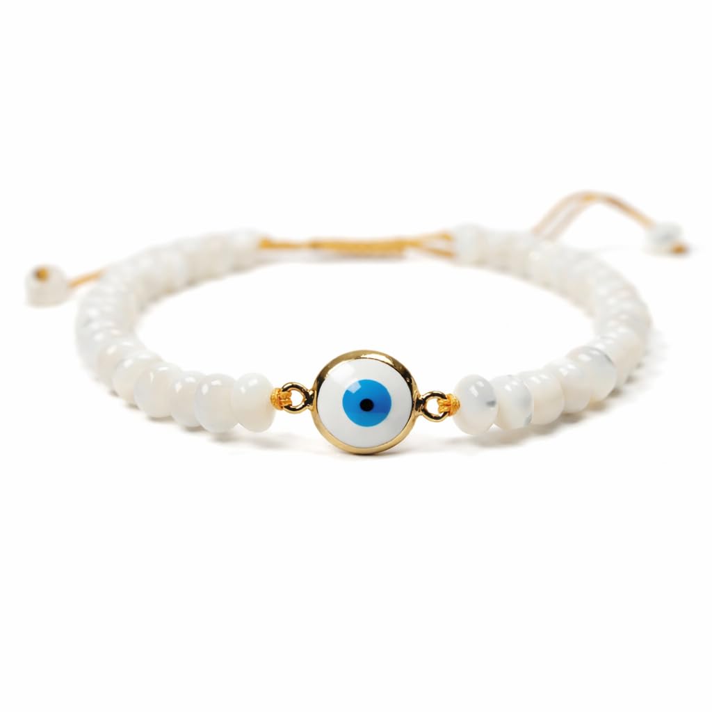Mana Gallery Handmade Evil Eye Bracelet – White Mother of Pearl Beads with Gold-Plated Blue Eye Charm – Adjustable Macramé Cord – Protective Jewelry Gift for Women (Evil Eye Bracelet)