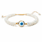 Mana Gallery Handmade Evil Eye Bracelet – White Mother of Pearl Beads with Gold-Plated Blue Eye Charm – Adjustable Macramé Cord – Protective Jewelry Gift for Women (Evil Eye Bracelet)