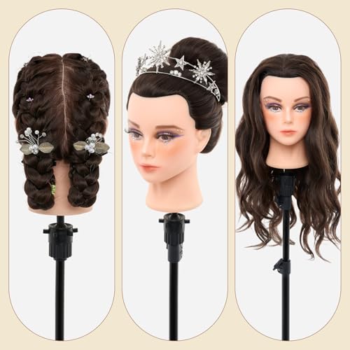 28Inch 60% Real Hair Makeup Mannequin Head, Cosmetology Mannequin Head with Hair for Makeup Braiding Curling Cuting,Makeup Doll Head for Hair Styling with Table Clamp Hair Styling Set(Dark Brown)