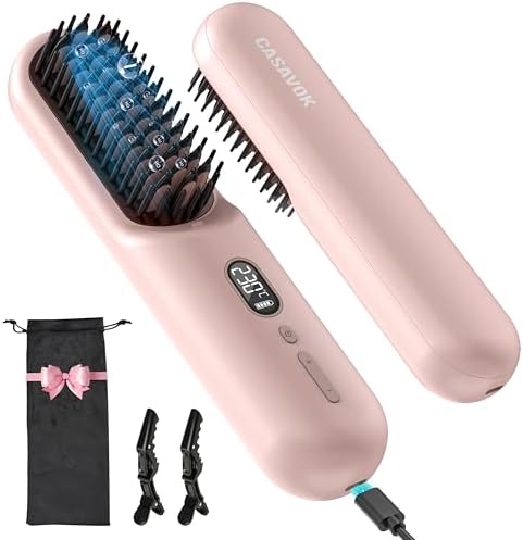 Portable Cordless Hair Straightener Brush for Travel,Mini Hair Straightener Comb with Negative Ion,Hair Straightener Brush Hot Comb for Women, Rechargeable 9600mAh Battery,12 Temp-Setting,Pink