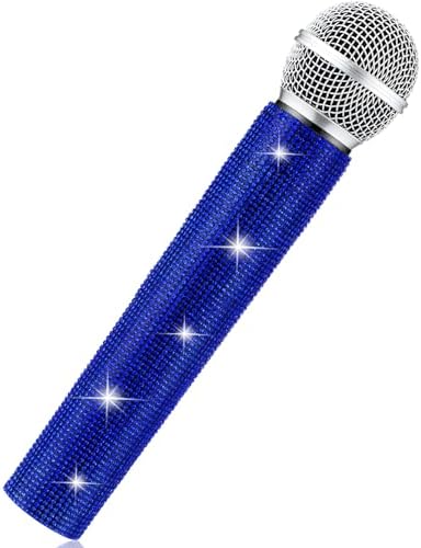 Sanwuta Fake Microphone Prop Sparkly Bling Rhinestones Plastic Play Microphone Pretend Glitter Bedazzled Mic for Cosplay Party Costume(Royal Blue)