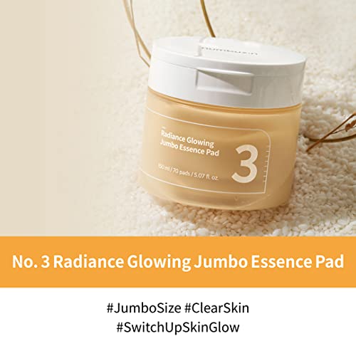 numbuzin No.3 Toner Pads | Radiance Glowing Jumbo Essence Pad | Clear Glass Skin, Texture Care | Biodegradable Vegan Pads, Fermented Ingredients, Niacinamide | 70 pads/5.07 fl. oz.