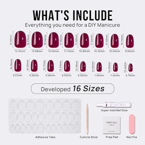 BTArtbox Press On Nails Short - Press on Nails Red Short Oval Nails Fall Fake Nail with Nail Glue, Fit Perfectly, Reusable Glue On Nails in 16 Sizes, Grape