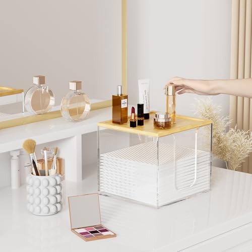 VITVITI Disposable Face Towel Holder Box, Acrylic Facial Towel Container for XL Clean Skin Club, Large Disposable Face Towel Storage with Bamboo Lid, for Bathroom, Vanity Makeup, Clear