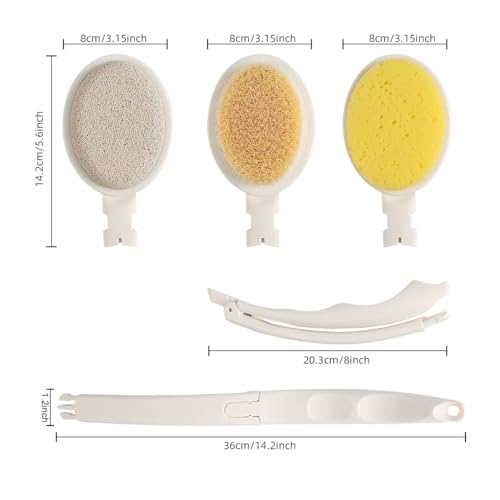 LFJ 3 in 1 Bath Sponge Brush Set for Shower, 19" Long Handled Shower Brush, Shower Sponge and Pumice Gentle Exfoliation and Improved Skin Health, Suitable for Men and Women (White with Soft Brush)