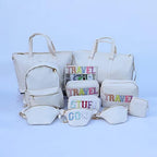Preppy Stuff Makeup Bag for Purse Medium Glitter Chenille Cosmetic Pouch Travel Toiletry Bag for Women with Zipper Pocket (M, Beige-Stuff)