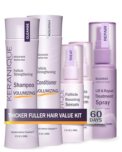 Keranique Volumizing Set for Thinning Hair in Women - Thickening Shampoo, Conditioner, Follicle Booster Serum, Volumizing Spray with Keratin for Fine Texture Boost and Repair