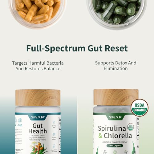 Snap Supplements Gut Health Lipase Supplement & Organic Spirulina Chlorella Bundle–Probiotic + Greens–Supports Digestion, Detox, Energy & Immune Health, 50 + 120 Vegetarian Capsules (1 Month Supply)
