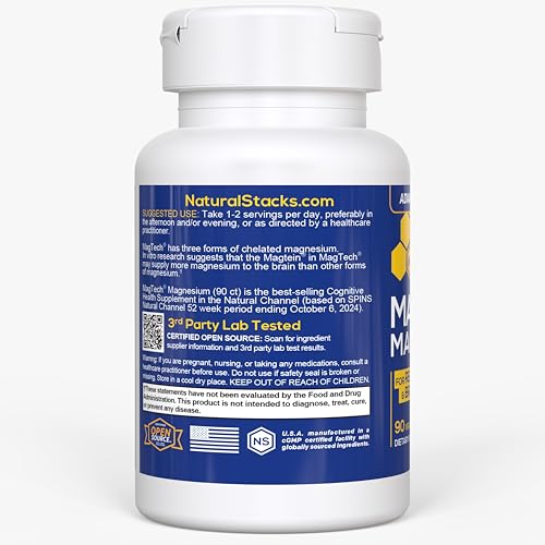 Magtein Magnesium L-Threonate, Glycinate & Taurate – 200mg Chelated Magnesium Complex – MagTech Magnesium Supplement for Relaxation & Brain Health – 90 Capsules
