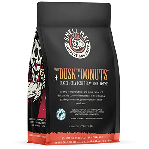 Bones Coffee Company From Dusk Till Donuts Flavored Coffee Beans, Whole Bean Coffee Medium Roast Low Acid, Jelly Donuts Flavor (12 oz)
