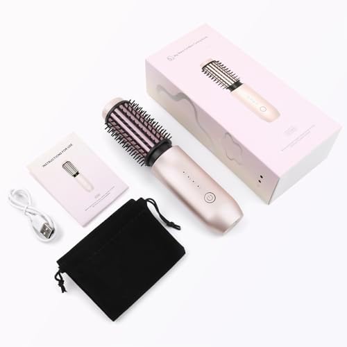 Cordless Curling Iron Brush, 2024 New Portable Travel Curling Iron Mini Brush for Women, 7000Mah USB Rechargeable Curling Wand Brush with Negative Ion, Pink