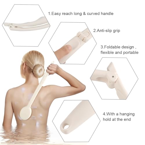 LFJ 3 in 1 Bath Sponge Brush Set for Shower, 19" Long Handled Shower Brush, Shower Sponge and Pumice Gentle Exfoliation and Improved Skin Health, Suitable for Men and Women (White with Soft Brush)