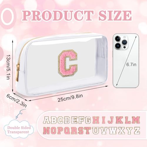 Small Clear Personalized Initial Makeup Bag,Nylon Preppy A-Z Chenille Letter Patch Cosmetic Pouch Beach Toiletry Bag,Waterproof Zipper Travel Purse Storage Bag Organizer for Women Girls(White-Pink C)