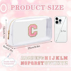 Small Clear Personalized Initial Makeup Bag,Nylon Preppy A-Z Chenille Letter Patch Cosmetic Pouch Beach Toiletry Bag,Waterproof Zipper Travel Purse Storage Bag Organizer for Women Girls(White-Pink C)