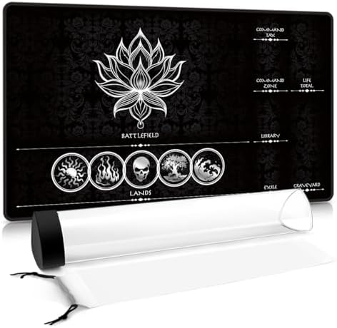 MTG Playmat with Play Zones – Magic Play mat Card Game Mat for Magic The Gathering, Lotus & Basic Lands Design, 24x14 inch, Stitched Edge, Non-Slip Base with Prismatic Playmat Tube-White Zone