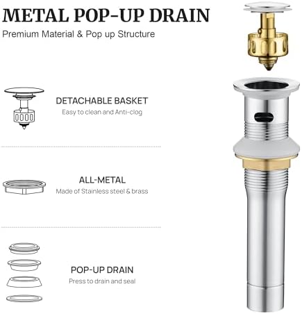 Pop up Sink Drain Stopper for Bathroom Vessel Vanity Sink Art Basin Chrome, Small Cap with Overflow, Metal Pop-up Drain Strainer with Detachable Basket Stopper