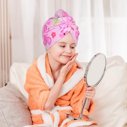 FIOBEE Microfiber Hair Towel Wrap for Kid Rapid Drying Towel Absorbent Hair Turbans for Wet Hair with Button Women Girls Long Curly Hair Pack of 2, Pink/Purple Butterfly
