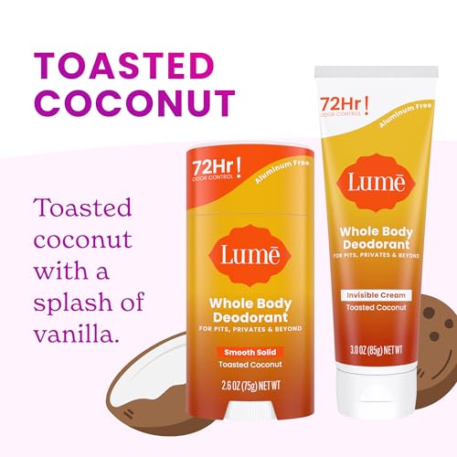 Lume Whole Body Deodorant - Invisible Cream Tube and Solid Stick - 72 Hour Odor Control - Aluminum Free, Baking Soda Free, Skin Safe - 3.0 Ounce 2.6 Ounce Bundle (Toasted Coconut)