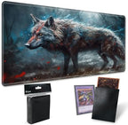 Playmats for Magic: The Gathering MTG Card Game Mat Plus 50 Pcs Card Sleeves, 24 x 14 inch TCG Mat with Stitched Edge for Commander Deck Duskmourn Board Game, Wild Wolf
