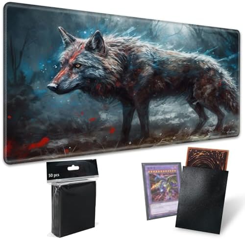 Playmats for Magic: The Gathering MTG Card Game Mat Plus 50 Pcs Card Sleeves, 24 x 14 inch TCG Mat with Stitched Edge for Commander Deck Duskmourn Board Game, Wild Wolf