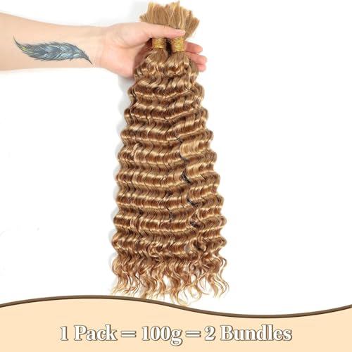 Human Braiding Hair Deep Wave Bulk Human Hair Braiding 100g/Pack 20 Inch Color 27# 10A Brazilian Virgin Human Hair No Weft Curly Braiding Extensions for Boho Braids (Color27#, 20inch,100g)