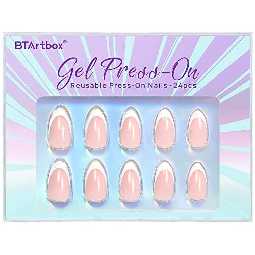 BTArtbox Press On Nails Short - French Tip Press On Nails, Almond Fake Nails White with Nail Glue, Fit Perfectly & Natural Reusable Stick On Nails in 15 Sizes Glue On Nails Kit, White French