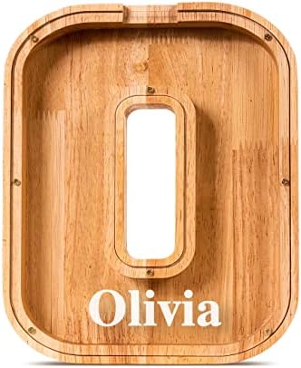 Summidate Customized Name Large Wooden Piggy Bank for Kids Boys Girls Alphabets Letter A-Z Coins Bills Money Change Bank Box Initial on Clear Cover (Laser Engraved) (Alphabet-O, Personalized-9")