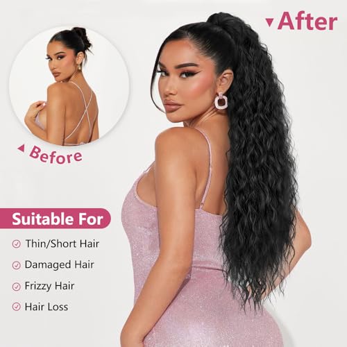 ALXNAN Claw Clip Ponytail,30 Inch Black Ponytail Extension for Women Synthetic Long Curly Wavy Clip in Ponytail Hair Extensions Synthetic Hairpiece for Daily Party Use