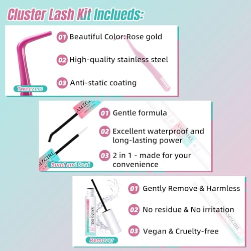Lash Extension Kit Eyelash Clusters Individual Lashes Extensions Kits With Cluster Lashes Wispy,Lash Bond And Seal,Eyelashes Remover And Applicator at Home(Feather2,D-Mix8-16mm kit)