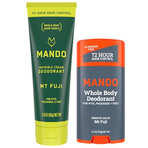 Mando Whole Body Deodorant - Invisible Cream Tube and Solid Stick - 72 Hour Odor Control - Aluminum Free, Baking Soda Free, Skin Safe - 3.0 Ounce Tube and 2.6 Ounce Solid Stick Bundle - Mt Fuji