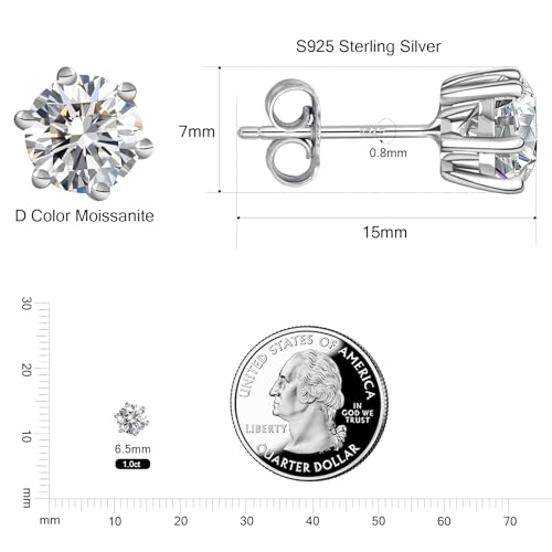 Moissanite Stud Earrings for Women 2CT 925 Sterling Silver Earrings for Women Men 18K White Gold Plated Earrings D Color VVS1 Round Lab Created Diamond Earrings for Men