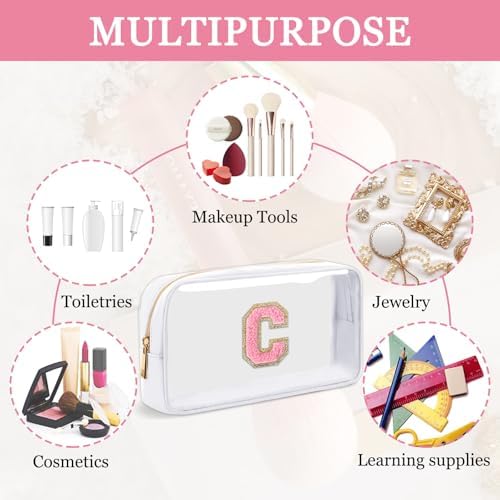 Small Clear Personalized Initial Makeup Bag,Nylon Preppy A-Z Chenille Letter Patch Cosmetic Pouch Beach Toiletry Bag,Waterproof Zipper Travel Purse Storage Bag Organizer for Women Girls(White-Pink C)
