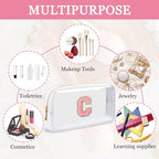 Small Clear Personalized Initial Makeup Bag,Nylon Preppy A-Z Chenille Letter Patch Cosmetic Pouch Beach Toiletry Bag,Waterproof Zipper Travel Purse Storage Bag Organizer for Women Girls(White-Pink C)