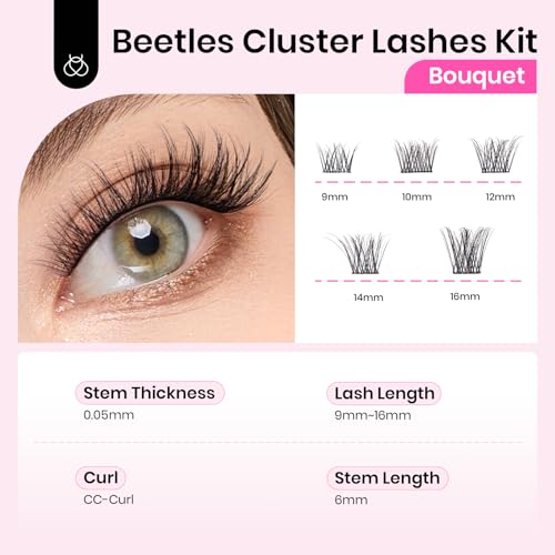 Beetles Lash Clusters 9-16mm Cluster Eyelash Extensions 3D Natural False Eyelashes Wispy Volume Eyelash Clusters 100pcs Individual Lashes DIY Cluster Lashes Bouquet (CNB001, 9-16mm)
