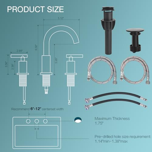 TRUSTMI Bathroom Faucet 3 Hole 2-Handle 8 inch Wide-Spread Bathroom Sink Faucet with Pop Up Drain and cUPC Waterlines, Matte Black