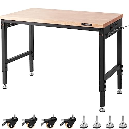 VEVOR Workbench for Garage 72" Adjustable Workbench, Heavy-Duty Hardwood Worktable with Universal Wheels, 3000 LBS Load Capacity, with Power Outlets, for Workshop, Garage, Office and Home