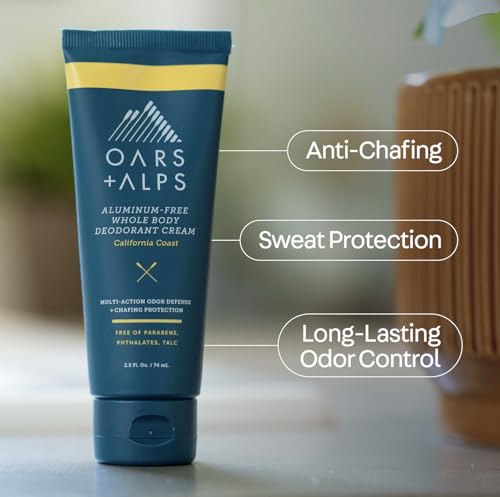 Oars + Alps Whole Body Deodorant Cream For Men - Multi-Action Odor Defense - Aluminum Free, Baking Soda Free, Anti-Chafe - 2.5 Ounce Tube - California Coast
