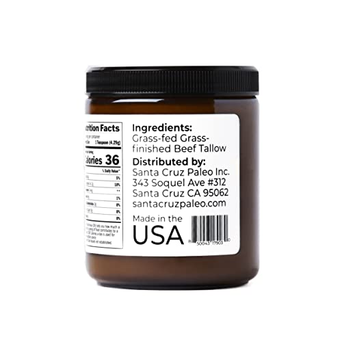 Santa Cruz Paleo Beef Tallow for Skin Care & Cooking, 100% Grass Fed and Finished, Gluten Free, Keto, Sugar Free, Paleo, Use as Lip Balm or Moisturizer, With Vitamin D, E, K, B1, A, Fatty Acids, 8 Oz