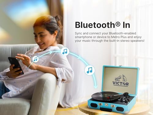 Victor Metro Plus Battery-Powered Bluetooth Suitcase Turntable | 3-Speed Vinyl Record Player with Built-in Stereo Speakers, Rechargeable Battery, RCA Output, Aux Input, and 45 RPM Adaptor, VSRP-850B