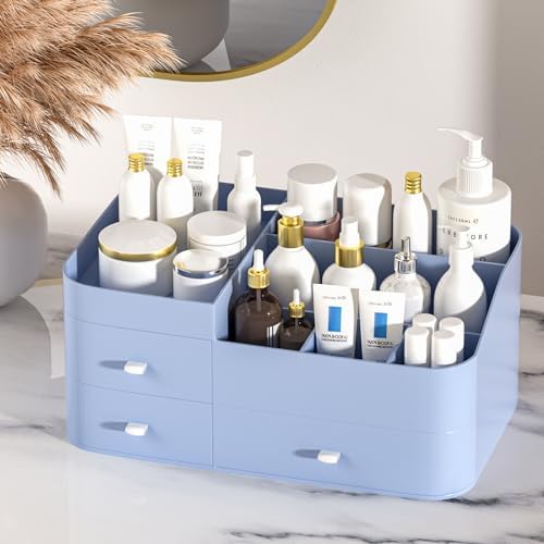 MIUOPUR Makeup Organizer for Vanity, Large Capacity Desk Organizer with Drawers for Cosmetics, Lipsticks, Jewelry, Nail Care, Skincare, Ideal for Bedroom and Bathroom Countertops - Large Blue