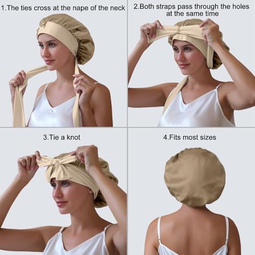 ZIMASILK 19 Momme 100% Mulberry Silk Bonnet for Sleeping Women Long Hair Double Layer Silk Hair Wrap with Tie Band Stay On Head for Hair Care (1Pc, Coffee)