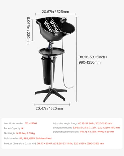 VEVOR Portable Shampoo Bowl, Deep Shampoo Sink for Washing Hair with Adjustable Height and Angle, Includes Drain Hose, Shower Head and Bucket, Portable Salon Sink for Barbershop Spa Center Use, Black