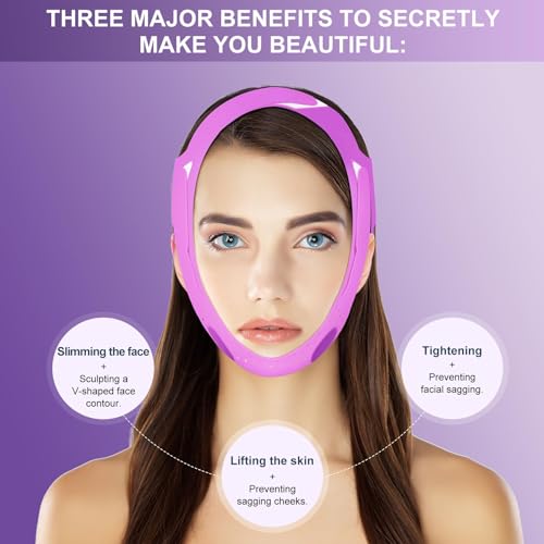 JUSRON V Line Face Lifting Tape Face Strap, Soft Silicone Chin Strap for Women and Men 23-27 Inches (Purple)