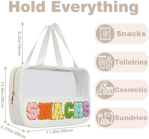 Snack bags, Snack Pouch Chenille Letter Patch Clear Bag, Snack Bag for travel, Preppy Cosmetic Bag Clear Snack pouch with Zipper, Toiletry Bags for Traveling women, Clear Travel Bags for Toiletries