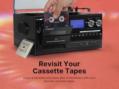 Victor VWRP-4200 Cosmopolitan 8-in-1 Turntable Music Center with 3-Speed Record Player, CD/MP3/Cassette Player, AM/FM Radio, Dual Bluetooth in & Out, USB Playback & Recording