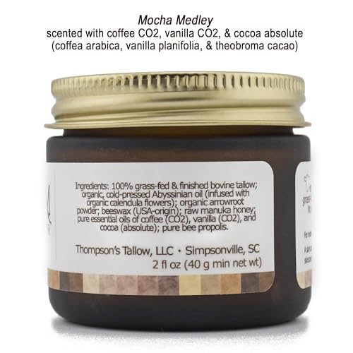 Thompson’s Tallow – Beef Tallow for Skin, 100% Grass-Fed Whipped Tallow Balm Moisturizer with Abyssinian Oil, Manuka Honey & Propolis, Herb-Infused, USA Handmade, Mocha Coffee Vanilla
