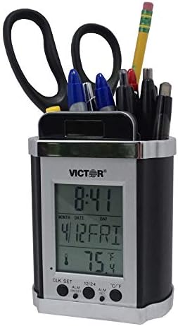 Victor PH500 Electronic Pencil Cup w/LCD Display, Temperature in Farenheit & Celsius, Time, Date, Day of Week, Great for Home and Office Desks, Black & Chrome