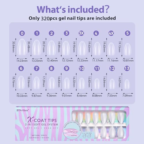 BTArtbox Short Almond Nail Tips - Natural Short Fake Nails with Tip Primer Full Cover, Stronger Nail Adhesion, Clear Soft Gel Nail Tips for Nail Extensions DIY Art